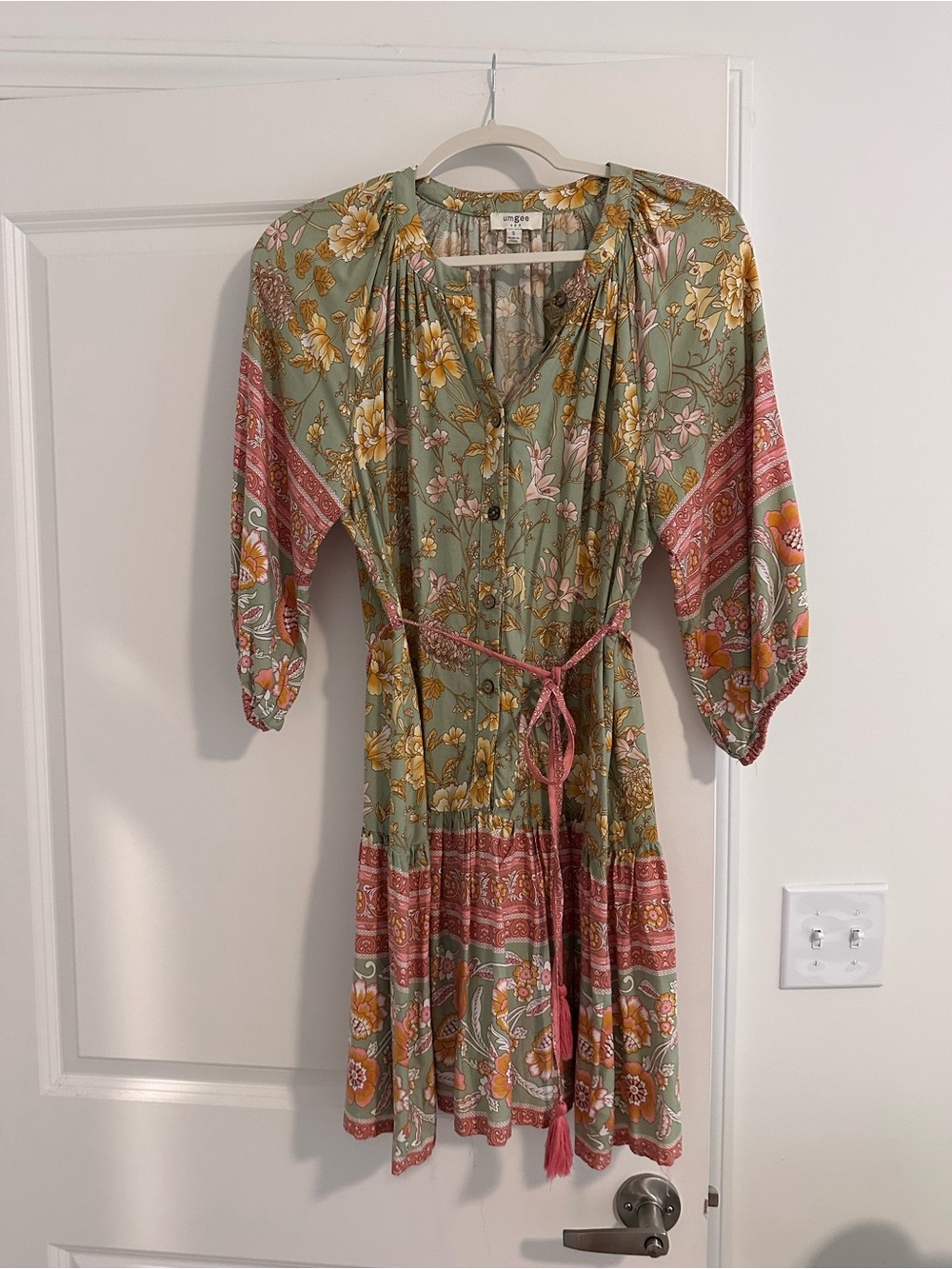 Umgee Green Floral Midi Dress with Pink Accents